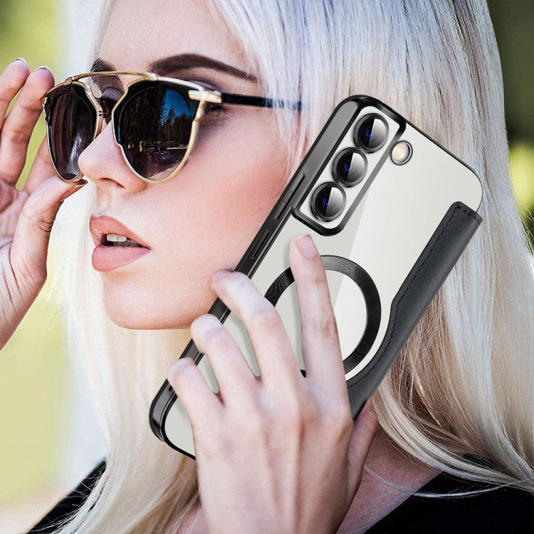 For Samsung Galaxy S22+ 5G MagSafe Magnetic RFID Anti-theft Leather Case in black, showcasing its sleek design and RFID protection features.